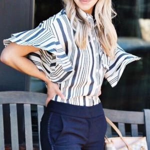 A New Day Ruffle Short Sleeve Striped Button Down